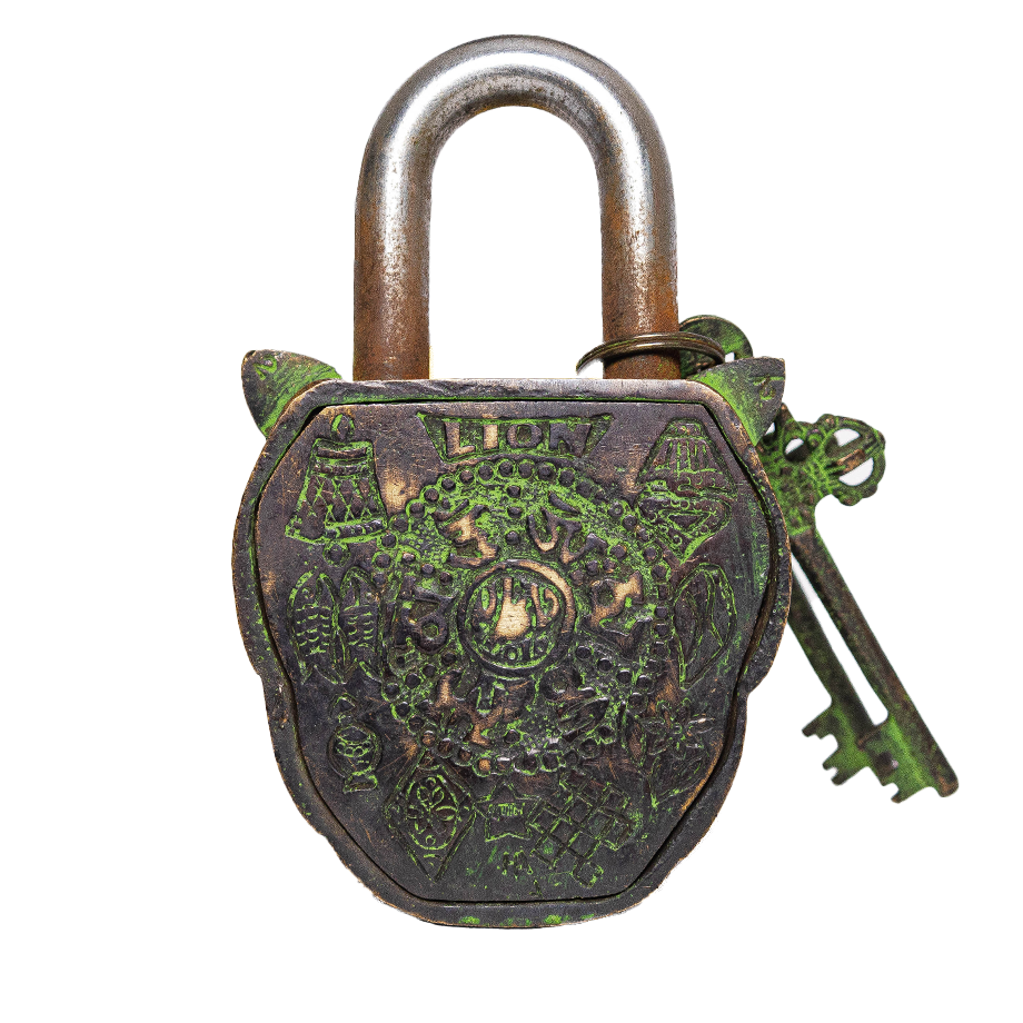Verdigris Lion Lock and Key