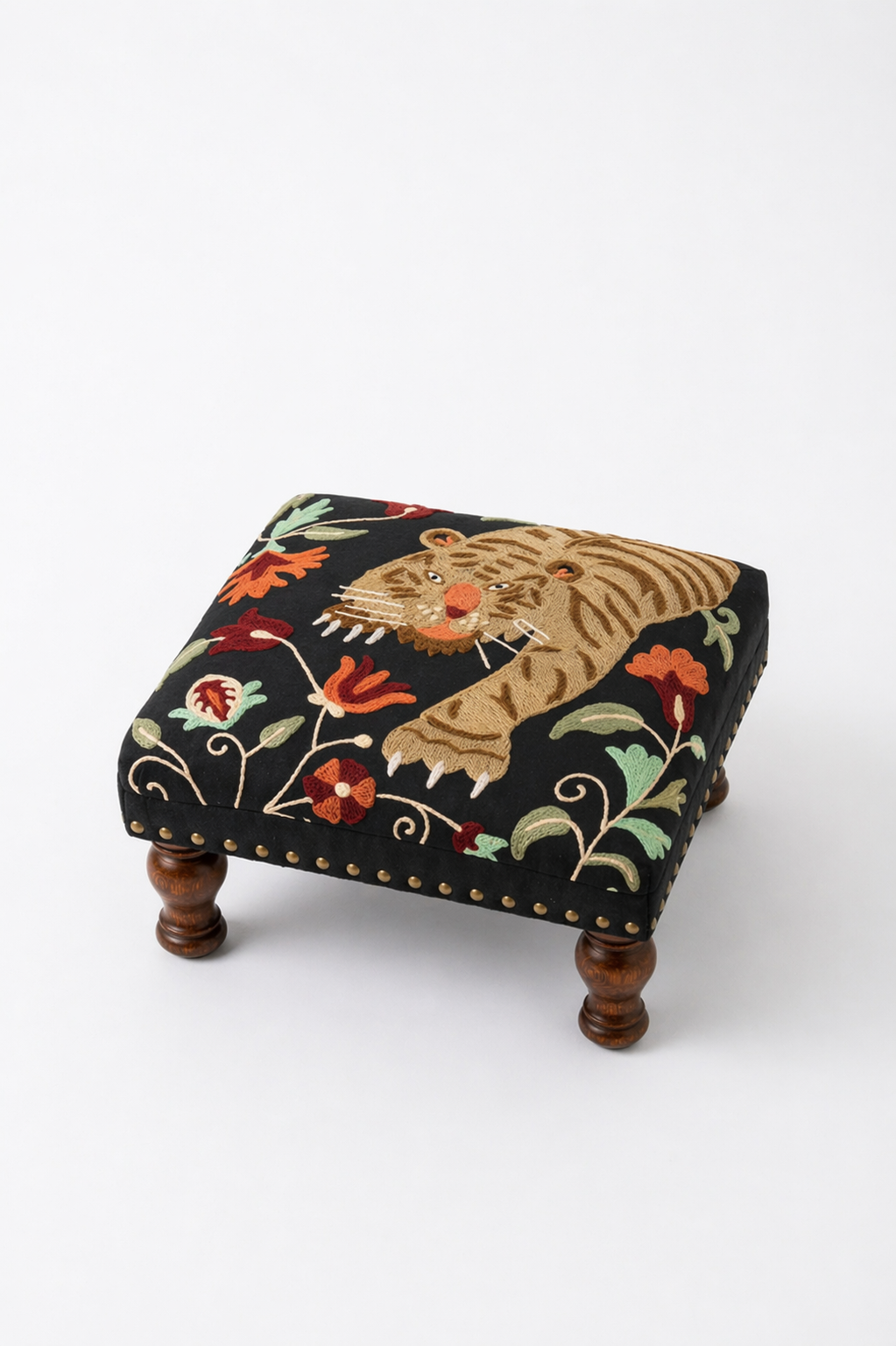 Tiger Embroidered Wooden Stool