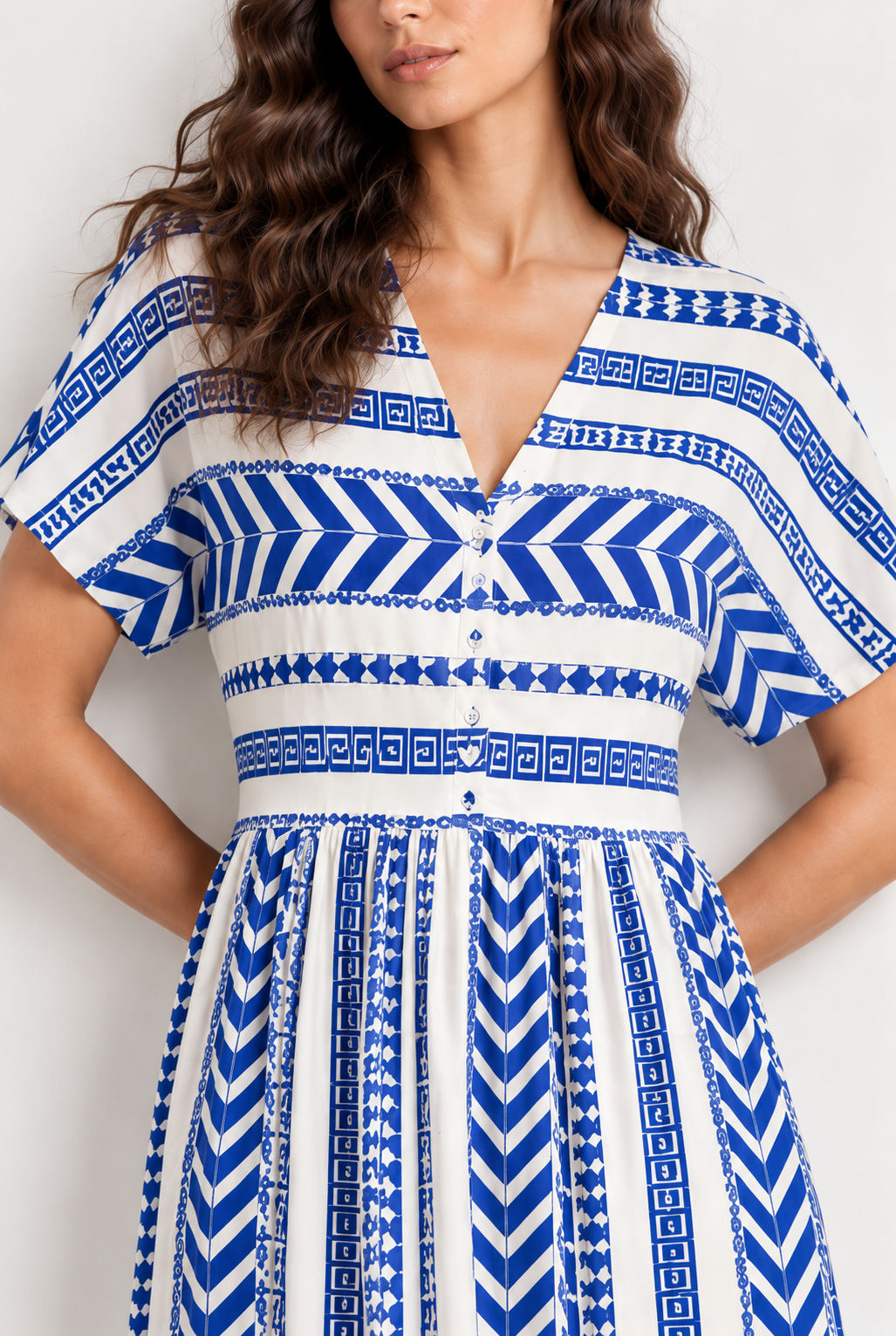 Cobalt Blue & White Geometric Print Tiered Maxi Dress