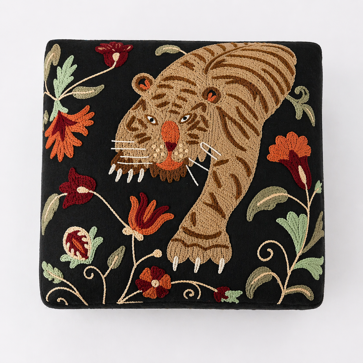 Tiger Embroidered Wooden Stool