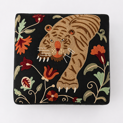 Tiger Embroidered Wooden Stool