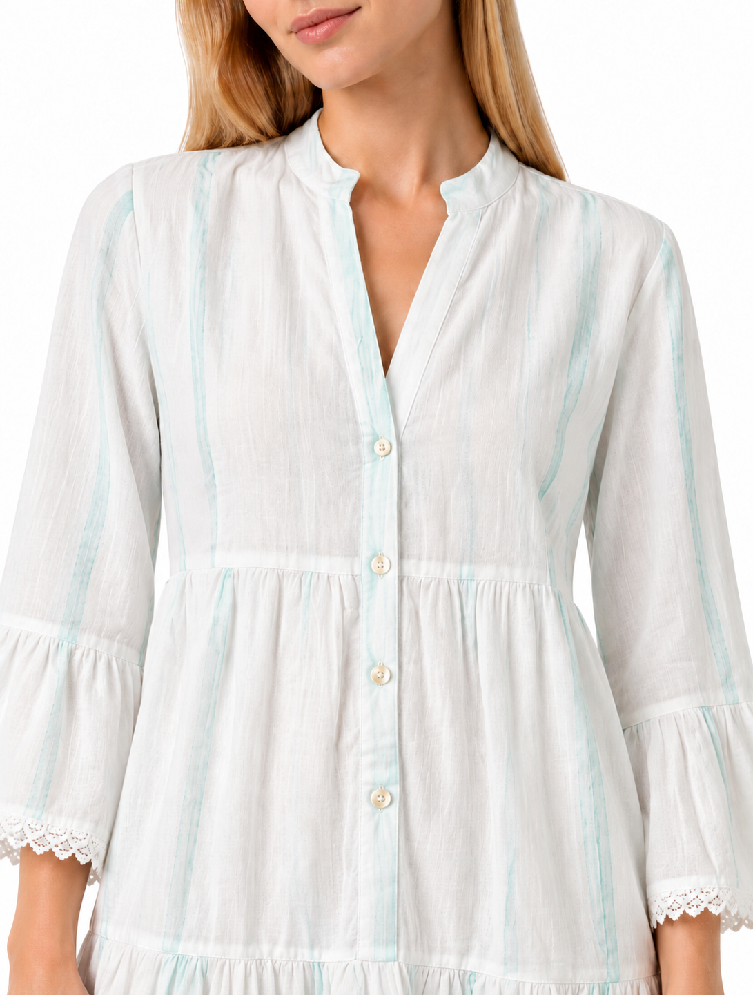 Mint Striped Tiered Maxi Dress with Lace Trim