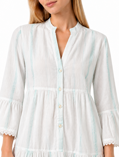Mint Striped Tiered Maxi Dress with Lace Trim