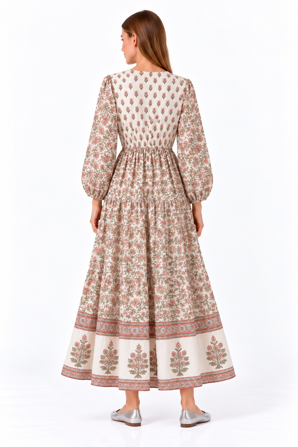 Blush Floral Block Print Tiered Long Sleeve Maxi Dress
