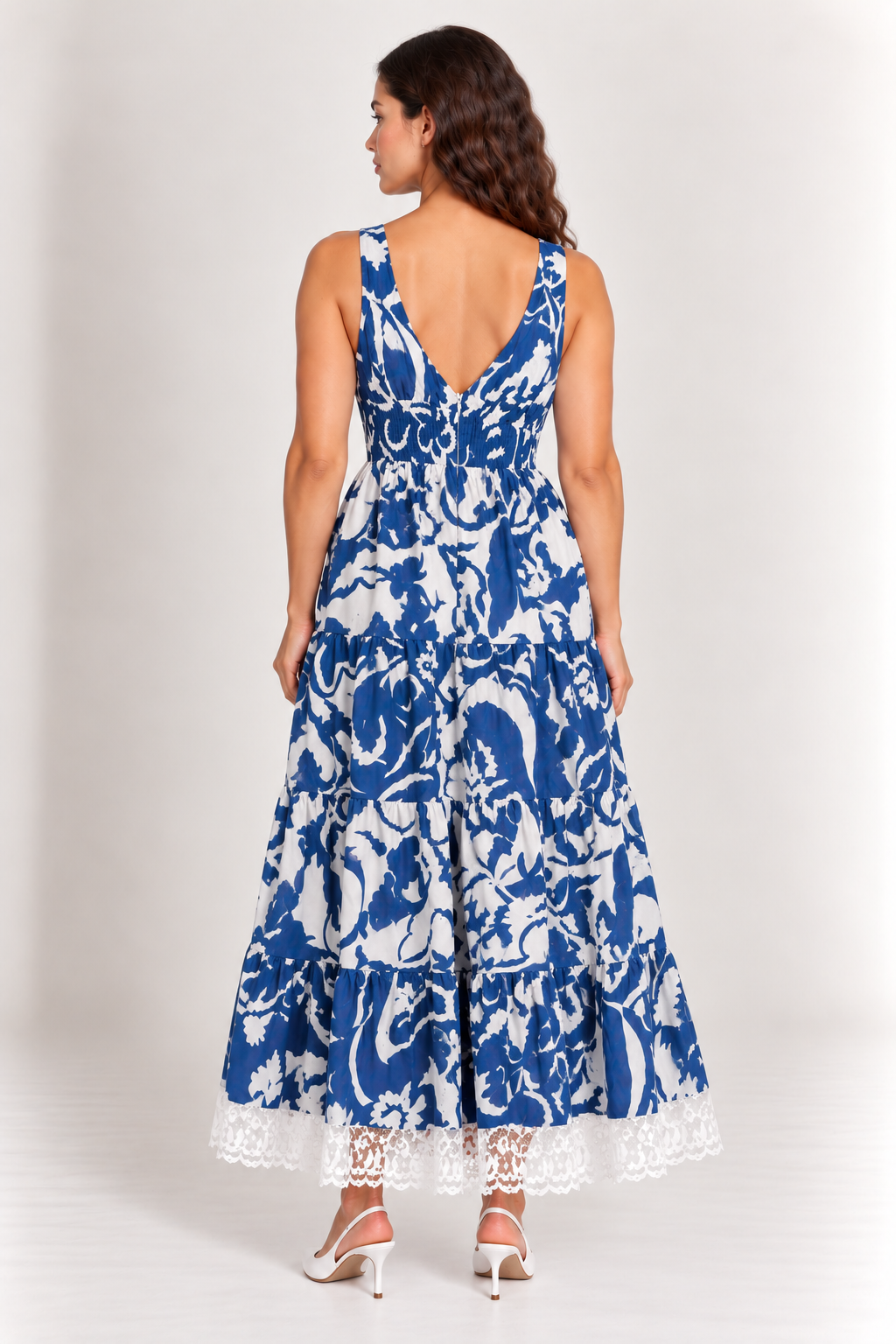 Blue & White Floral Print Tiered Maxi Dress with Lace Trim
