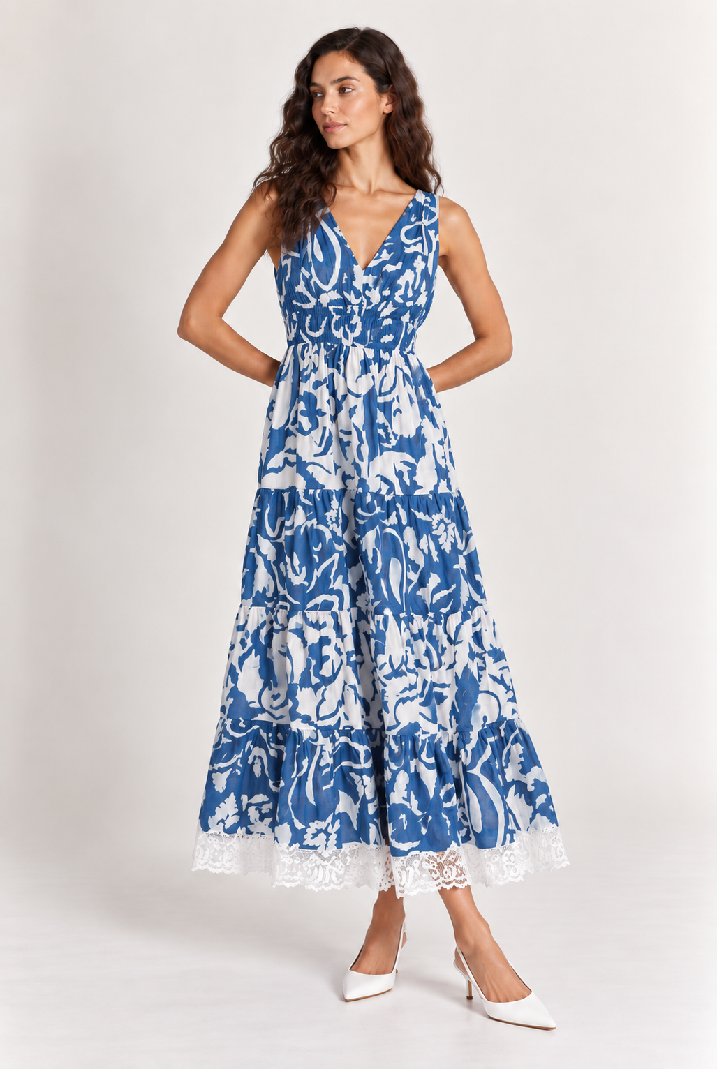 Blue & White Floral Print Tiered Maxi Dress with Lace Trim