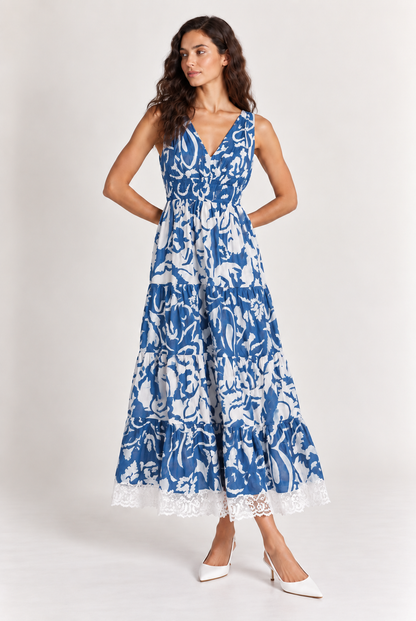 Blue & White Floral Print Tiered Maxi Dress with Lace Trim