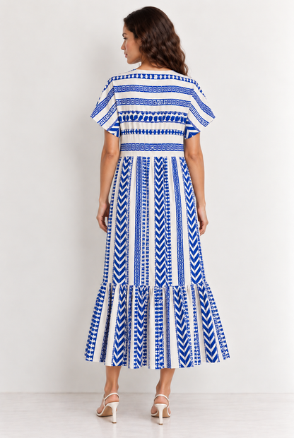 Cobalt Blue & White Geometric Print Tiered Maxi Dress