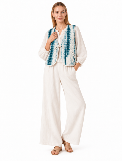 Quilted Tie-Front Vest with Abstract Print