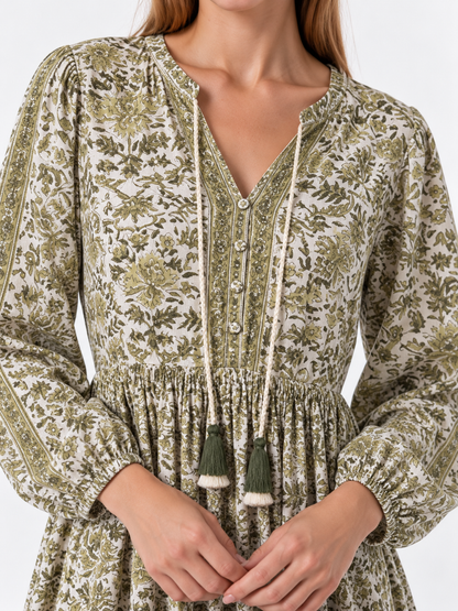Bohemian Floral Print Long Sleeve Maxi Dress with Tassels