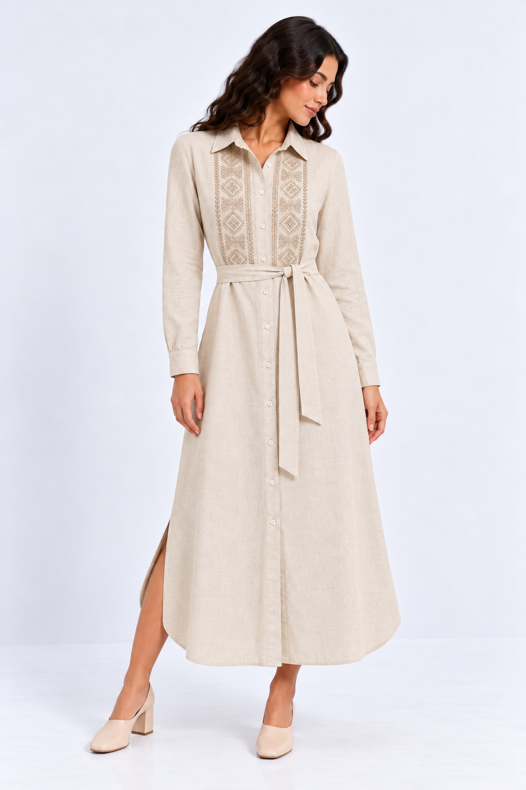 Embroidered Belted Linen Shirt Dress