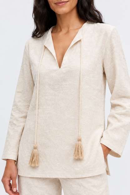 Long-Sleeve V-Neck Tunic with Tassel Ties