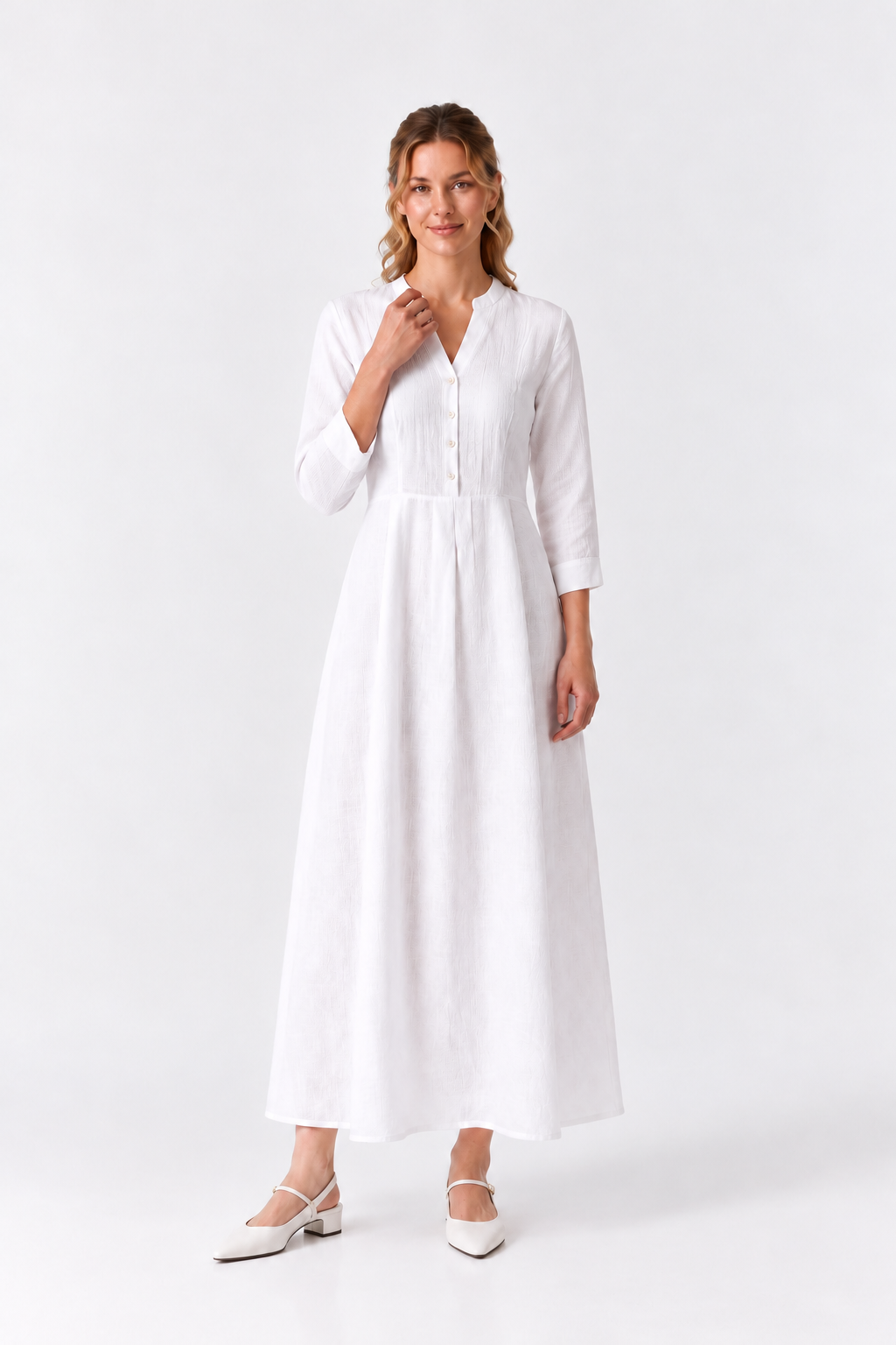 Women's White Linen Collared Shirt Maxi Dress