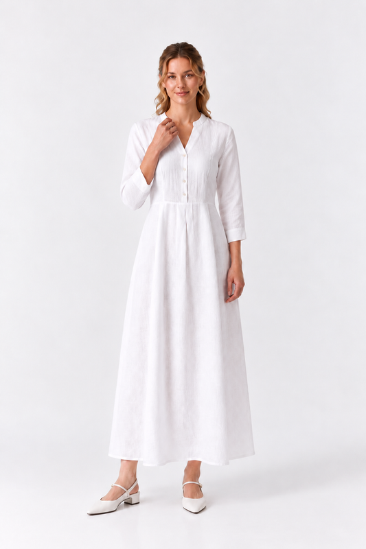 Women's White Linen Collared Shirt Maxi Dress
