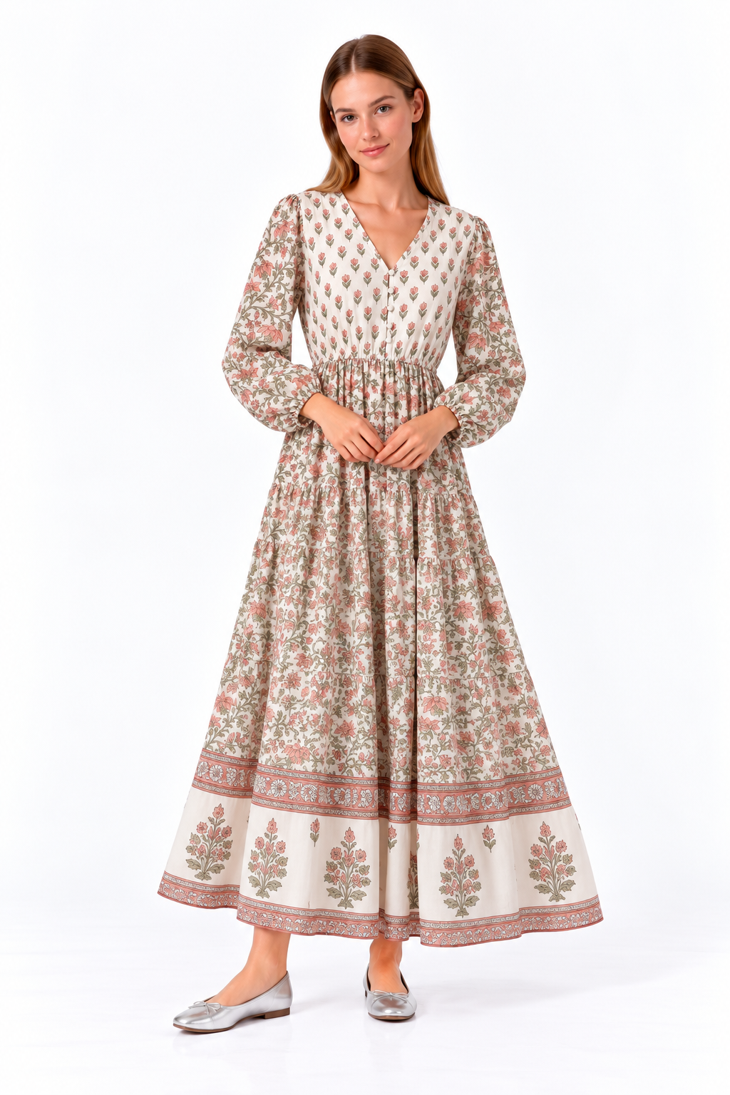 Blush Floral Block Print Tiered Long Sleeve Maxi Dress