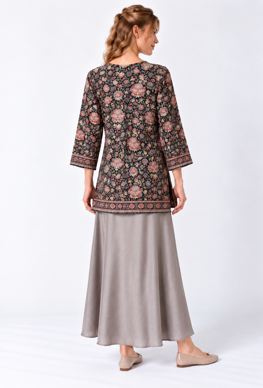 Embroidered Floral Print Tunic with Button Placket