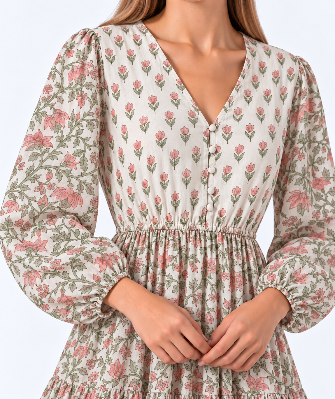 Blush Floral Block Print Tiered Long Sleeve Maxi Dress