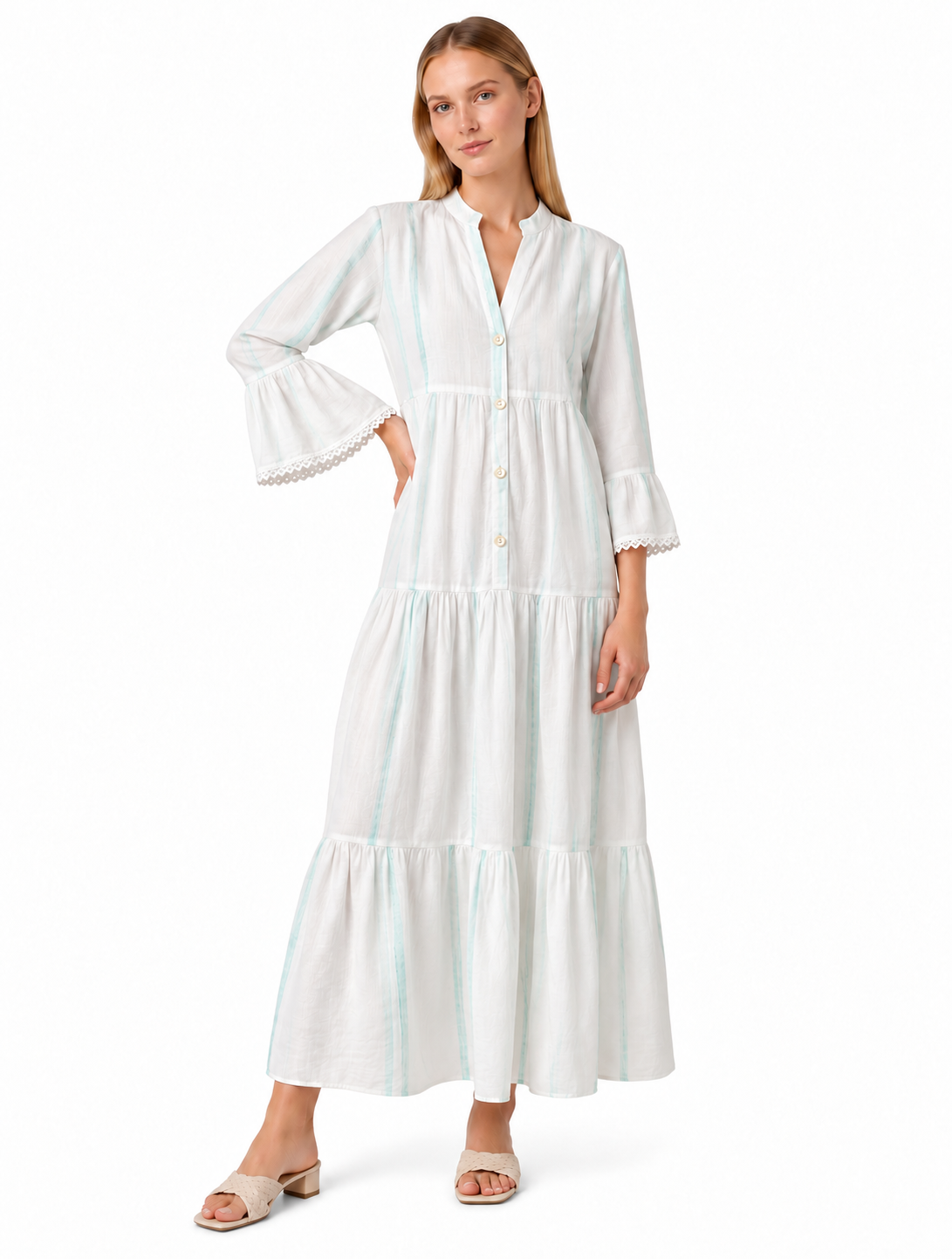 Mint Striped Tiered Maxi Dress with Lace Trim