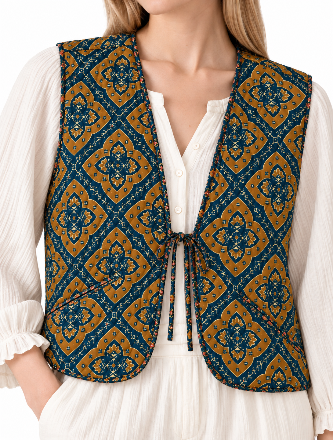 Quilted Vest with Front Tie and Vintage Floral Print
