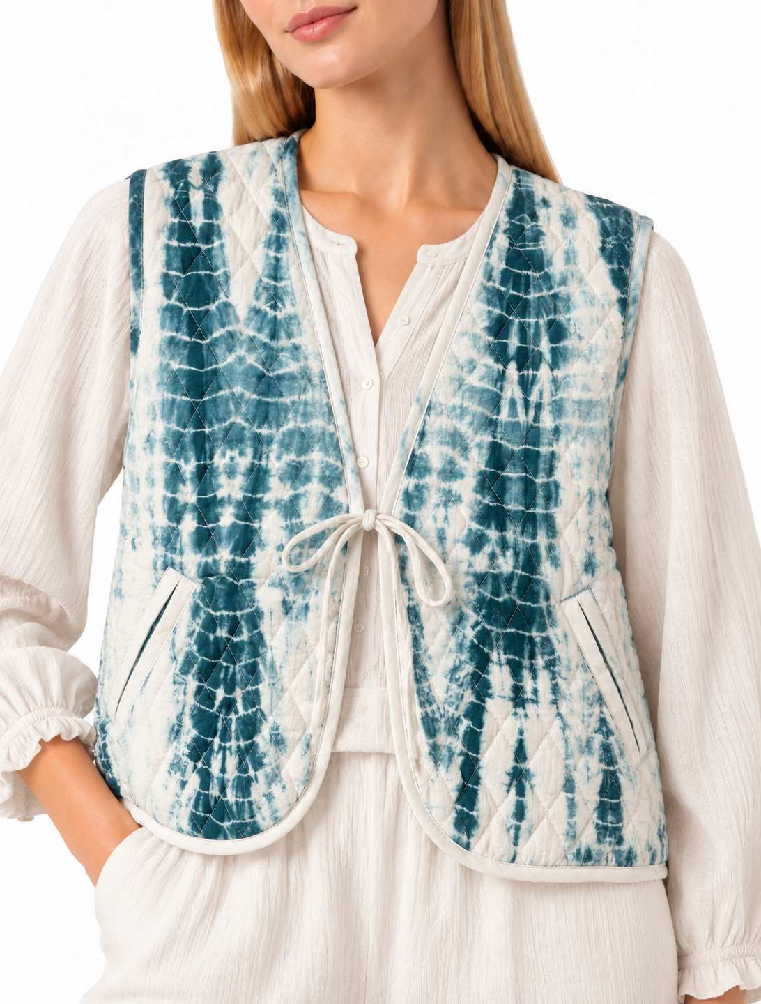 Quilted Tie-Front Vest with Abstract Print