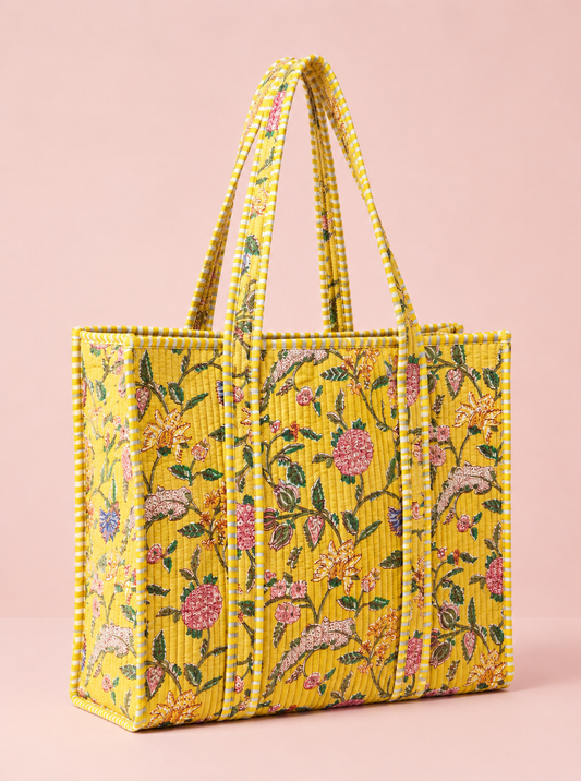 Indian block printed cotton quilted tote bags