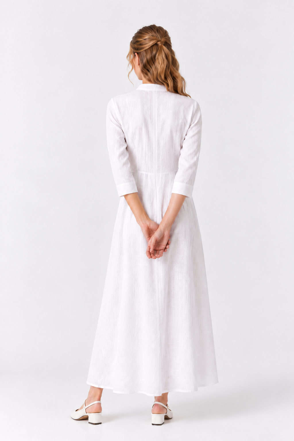 Women's White Linen Collared Shirt Maxi Dress