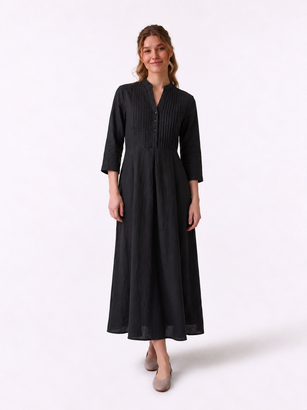 Women's Pleated Linen Pintuck Maxi Dress